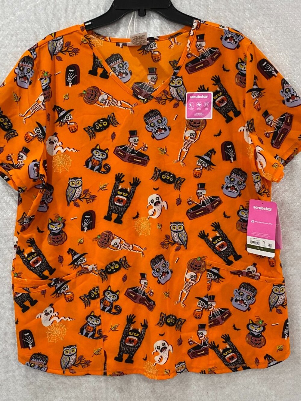 Scrubstar Halloween Scrub Top Orange Woman's XL V-Neck Short Sleeve Pockets NEW